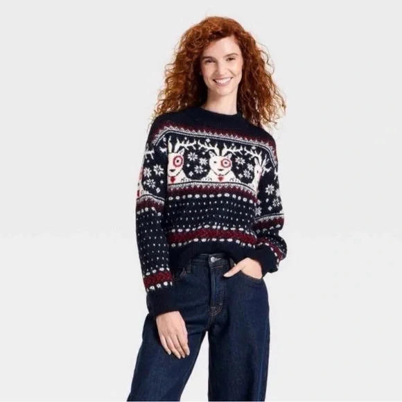 Women's Long Sleeve Cozy Alpine Bullseye Dog Crewneck Pullover Sweater - Medium - Picture 2 of 3